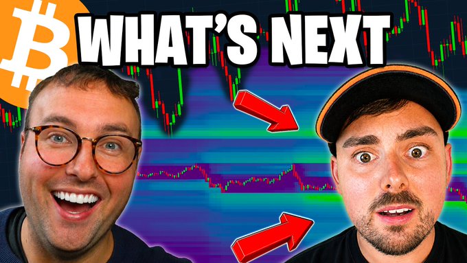 A YouTube thumbnail with 'WHAT'S NEXT' shows two excited men pointing at a Bitcoin price chart with red arrows.