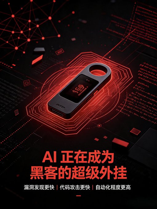 A dark, red-themed digital poster featuring a hardware cryptocurrency wallet on a circuit board with Chinese text reading 'AI 正在成为黑客的超级外挂' (AI is becoming hackers' super cheat) and subtitles about faster vulnerability discovery and attack automation.