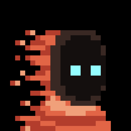 A pixel art image of a character with a dark brown head, light blue rectangular eyes, and a fragmented red and orange body dispersing to the left against a black background.