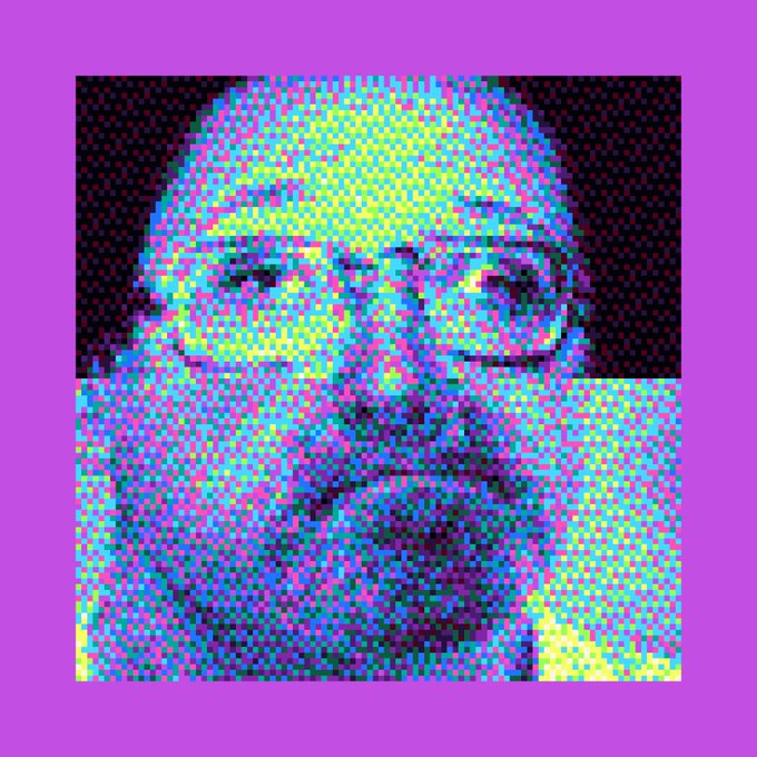 A heavily pixelated, colorful portrait of a person wearing glasses on a purple background.