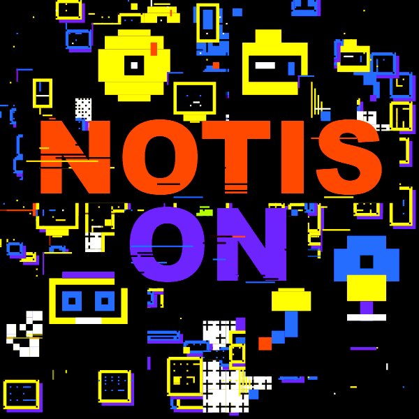 The image features a black background with white text that reads "NOTIS ON" written in an orange font. The text is surrounded by various shapes, including squares, circles, and rectangles of different colors such as yellow, blue, red, green, and purple. These shapes are scattered throughout the image, creating a visually interesting and chaotic scene.