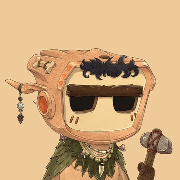 Illustration of a stylized tribal character with a wooden mask, dark curly hair, a leaf skirt, and a stone hammer accessory.