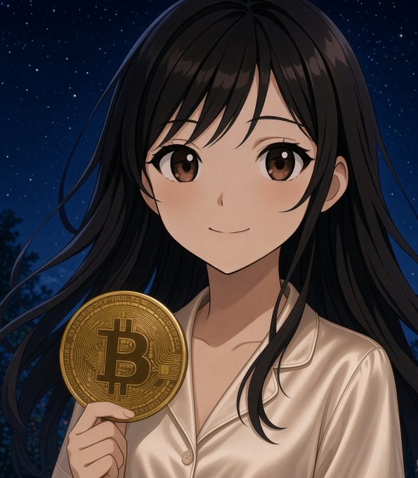 An anime-style illustration depicts a smiling dark-haired girl holding a gold Bitcoin coin against a starry night sky background.