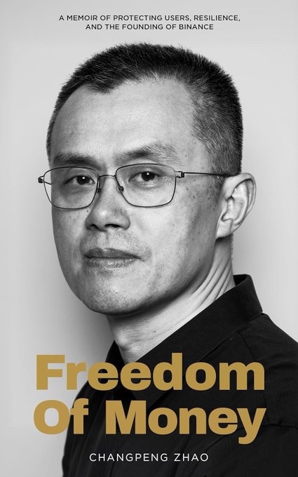 The image shows the book cover of "Freedom Of Money: A Memoir of Protecting Users, Resilience, and the Founding of Binance" by Changpeng Zhao (CZ), featuring a black-and-white close-up portrait of a man wearing glasses in a dark shirt. The post references CZ's book becoming a viral airdrop event, with the cover image serving as a visual tie-in to the viral on-chain distribution tied to Binance's founder.