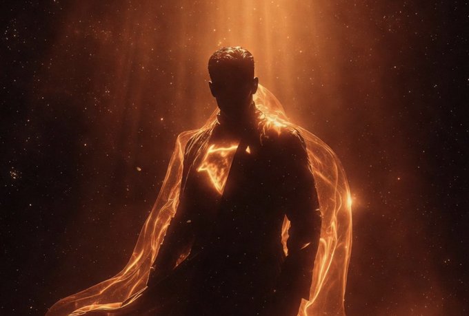 A silhouetted figure draped in flowing, flame-like fabric stands illuminated by warm orange light, evoking a triumphant, almost divine presence. The image mirrors the post's bullish, optimistic tone—portraying a powerful ascent and the anticipation of Bitcoin reaching the $100k milestone.