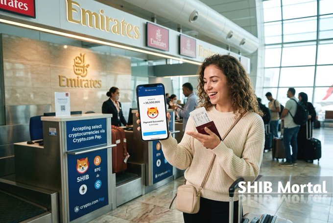 A woman smiles while looking at her phone and holding a passport at an Emirates airport check-in counter that displays signs accepting cryptocurrencies via Crypto.com Pay, including SHIB and BTC, with a 'SHIB Mortal' watermark.