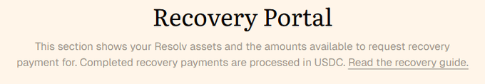 A screenshot of a webpage header titled 'Recovery Portal' with text explaining that it shows 'Resolv assets and the amounts available to request recovery payment for' and that payments are processed in USDC.