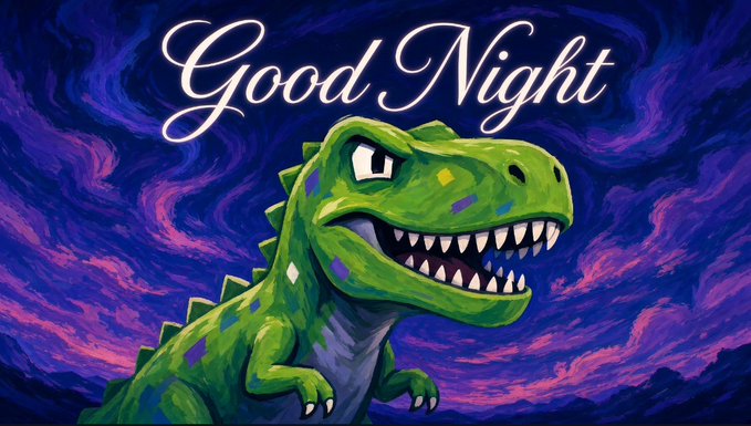 A digital illustration of a green cartoon T-Rex dinosaur against a swirling purple and blue starry night sky background with the text 'Good Night' in white cursive.