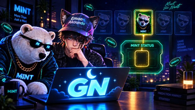 A digital NFT-style illustration featuring a young man in a cat-eared cap alongside a white bear character with sunglasses, set against a neon-lit cityscape with 'MINT' interfaces, bear NFT cards, and a laptop displaying 'GN' with books labeled 'CASINO', 'PREDICTION MARKET', and 'STRATEGY'.