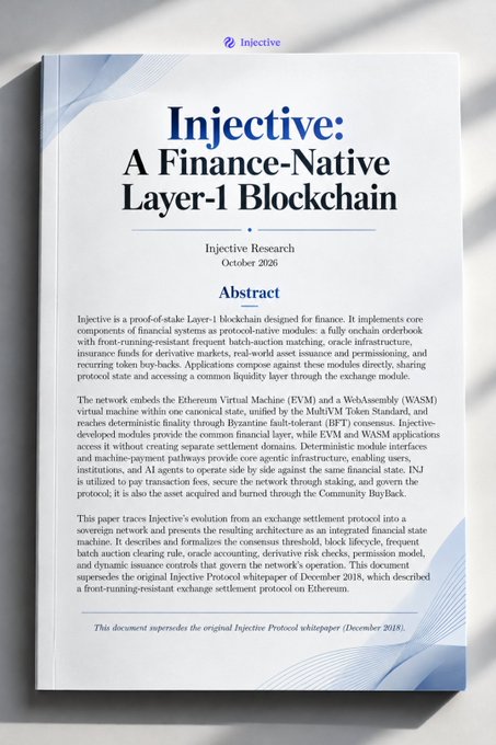The cover page of a research paper titled "Injective: A Finance-Native Layer-1 Blockchain" by the Injective Research team, dated October 2026.