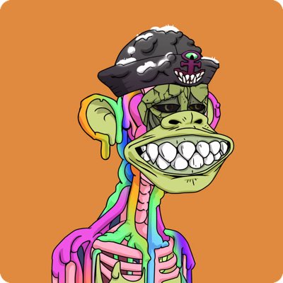 A colorful cartoon illustration of a grinning monkey-like creature with exposed ribcage details, wearing a black skull-cap with a small menacing face on top, set against an orange background.