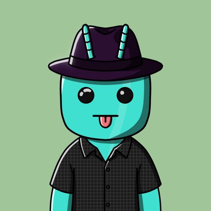 Cartoon illustration of a teal-skinned character with a playful expression, wearing a black fedora with teal stripes and a dark patterned short-sleeve shirt on a green background.
