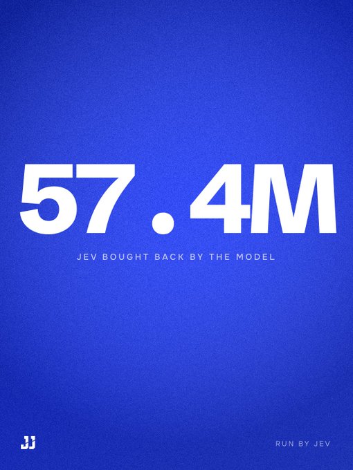 A blue graphic displaying '57.4M' in large white text with the subtitle 'JEV BOUGHT BACK BY THE MODEL' and 'RUN BY JEV' at the bottom.