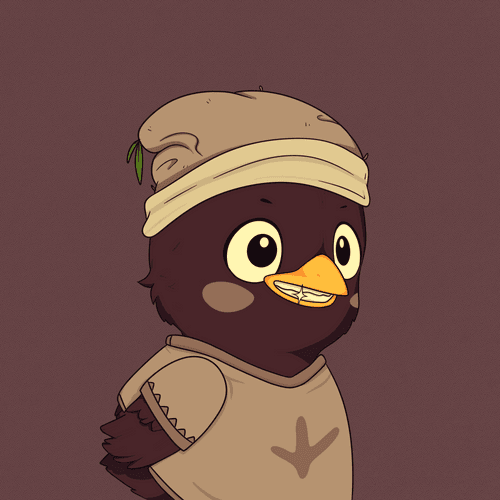 A cartoon-style illustration of a dark-feathered bird character with an orange beak, wearing a beige headband and a t-shirt with a bird symbol, set against a maroon background.