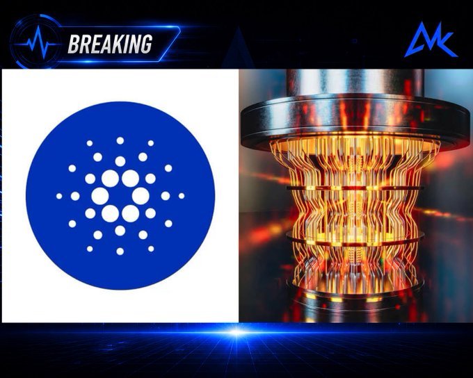 A breaking news graphic with the Cardano (ADA) logo on the left and a glowing quantum computer on the right, branded with an 'MK' logo in the corner.