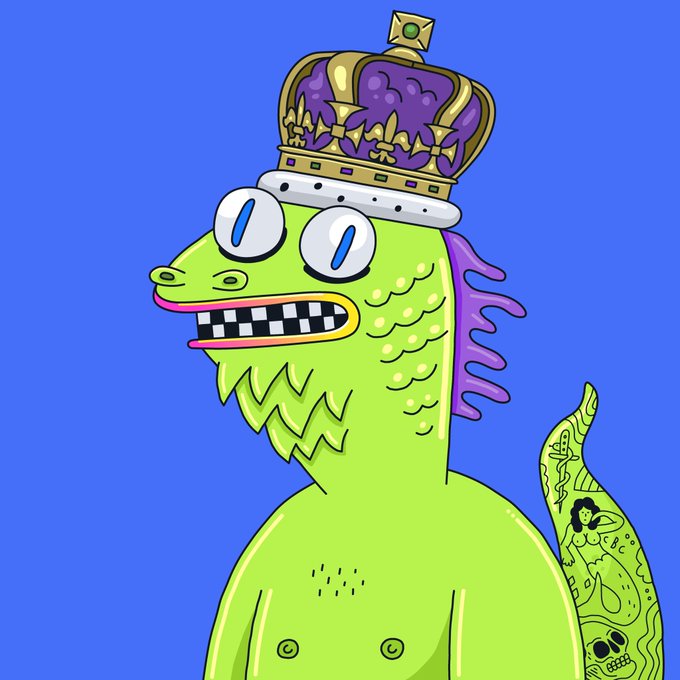 A cartoon illustration of a green, reptilian creature wearing a royal purple and gold crown, featuring wide eyes, a checkered mouth, and a purple mane against a blue background.