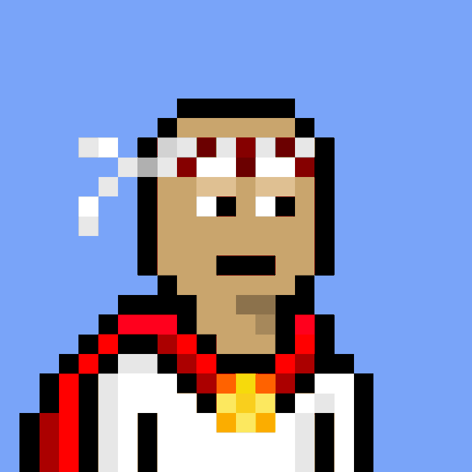 A pixel art illustration of a person with a red and white checkered headband, smoking, wearing a white shirt with red plaid details and a gold chain.
