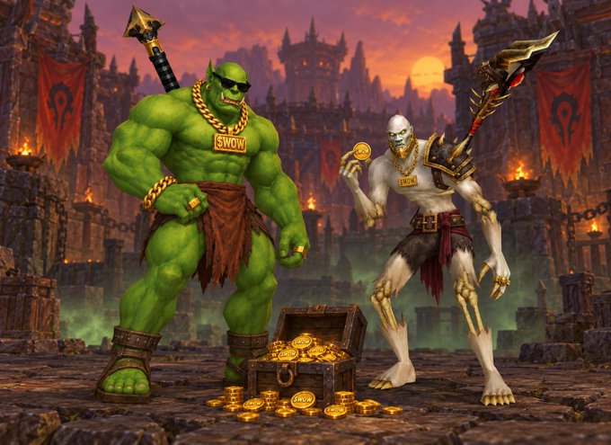 A fantasy illustration shows a green muscular orc wearing gold chains and a white skeletal creature with gold accents, standing around a treasure chest filled with gold coins labeled 'SWON' in a dark castle setting with red banners.