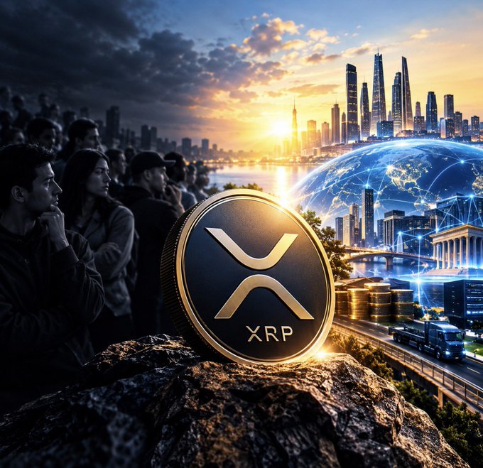 Digital artwork featuring a large XRP (Ripple) cryptocurrency coin resting on a rock in the foreground, with a futuristic city skyline at sunset and a glowing digital globe network in the background, alongside silhouettes of people watching.