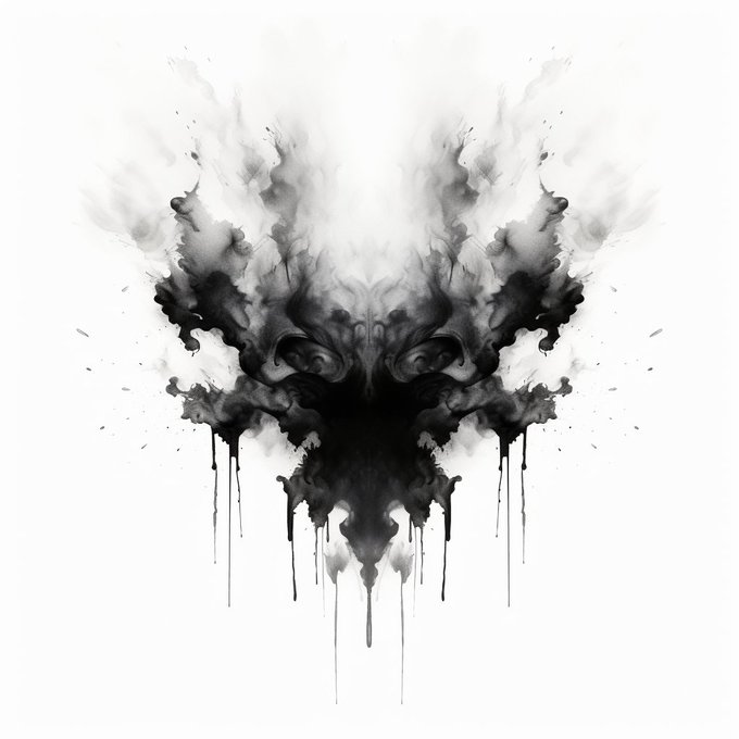 A symmetrical black ink-blot artwork on a white background that forms a skull-like or demonic face shape with dripping ink details at the bottom.