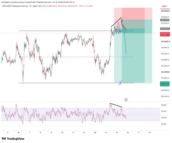 A TradingView chart of the BTC/USDT Perpetual Contract shows Bitcoin's recent push to ~65,533 before reversing, with a bearish divergence forming on the RSI—visually supporting the "now dump it" call for a pullback toward the 61,500 target zone.