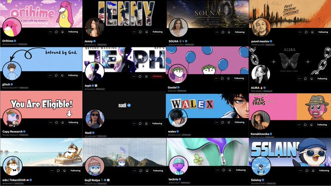 Grid of various social media or NFT profile banners featuring usernames like Orthime, Jenny, SOLNA, panel.maksvo, glitch, JWPH, Cookie.G, ALIRA, Crazy Research, Isaä, walko, Korniksreiska, edx, Tsunami2049, Gujil Ru9ja, lechu, and SSLAIN.