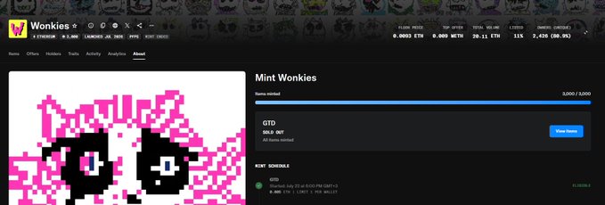 Screenshot of the Wonkies cryptocurrency project page on Ethereum, showing a floor price of 0.0002 ETH, total supply 20.21 ETH, and a 'Mint Wonkies' interface with a SOLD OUT status for the GTD mint.