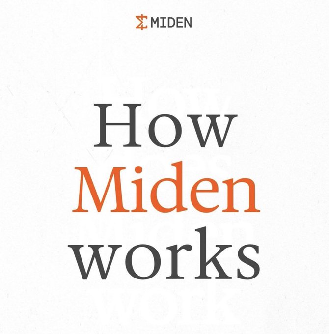 A promotional graphic with the Miden logo at the top and large text reading 'How Miden works' in black and orange on an off-white background.