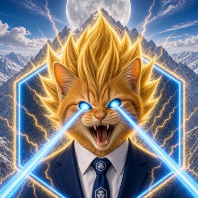 A digital illustration of an orange cat with spiky, glowing Super Saiyan-style hair and glowing blue laser eyes, wearing a dark suit and tie against a background of mountains, lightning, and a full moon.