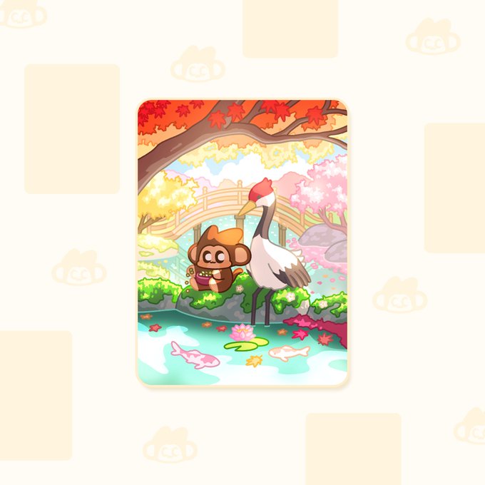 A cute cartoon-style illustration on what appears to be a card or sticker, depicting a monkey and a red-crowned crane in a peaceful pond scene with cherry blossoms and koi fish.