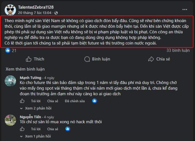 A Facebook post in Vietnamese from user "TalentedZebra1128" dated July 20 discusses expectations that the new Vietnamese stock market will initially lack futures trading, comparing it to Indonesia's exchange. The highlighted text argues this conservative approach will protect inexperienced investors, though it may eventually push traders toward foreign exchanges, as echoed in the 21 likes and follow-up comments below.