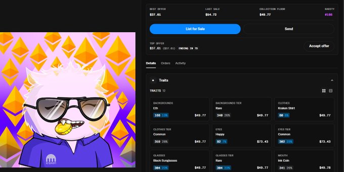 An NFT marketplace listing for a cartoon character with spiky white hair and sunglasses, showing trait rarities including 'Background Eth', 'Clothes Kraken Shirt', and 'Glasses Black Sunglasses', with a best offer of $37.61 and floor price of $40.77.