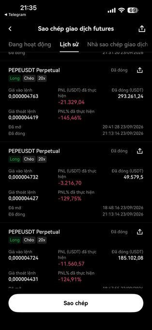 A Telegram app screenshot in Vietnamese showing futures trading history ('Sao chép giao dịch futures') with multiple PEPEUSDT Perpetual trades showing substantial losses, including PNL percentages of -145.49%, -129.75%, and -124.91% with significant USDT losses.