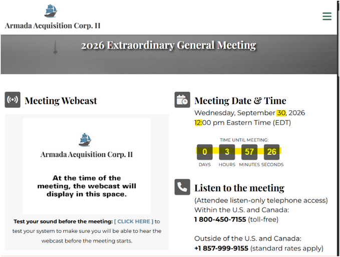 The image shows the Armada Acquisition Corp. II 2026 Extraordinary General Meeting webpage, scheduled for Wednesday, September 30, 2026 at 12:00 PM Eastern Time, with a countdown timer displaying 0 days, 3 hours, 57 minutes, and 26 seconds until the meeting begins. It includes a placeholder for the webcast (which will display at meeting time), a sound test link, and toll-free telephone access numbers for U.S./Canada (1-800-450-7155) and international (+1 857-999-9155) attendees, aligning with the post's reminder about today's shareholder vote on the Evernorth (XRP treasury) merger.