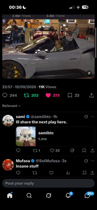 A Twitter/X post showing a video thumbnail of a man in a sleek silver sports car at what appears to be a car show, with the post having 11K views, 244 comments, 202 reposts, and 275 likes, plus replies from users @samiibtc and @SolMufasa.