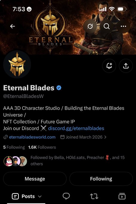 Twitter/X profile for "Eternal Blades" (@EternalBladesW) describing it as "AAA 3D Character Studio / Building the Eternal Blades Universe / NFT Collection / Future Game IP" with 1.6K followers.