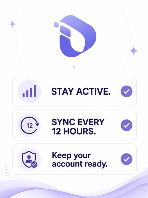 A purple-toned informational graphic featuring the SkyNet logo displays three key action points in checkmarked boxes: "STAY ACTIVE," "SYNC EVERY 12 HOURS," and "Keep your account ready." The graphic visually reinforces the post's guidance for Linkers to maintain engagement and regular syncing as KYC progresses through multiple levels toward the V6.0.2 update.