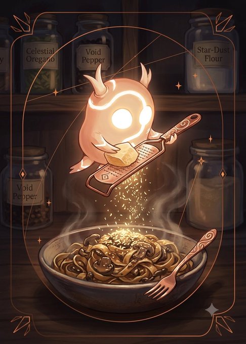 A fantasy illustration of a glowing, round creature grating 'Void Pepper' over a steaming bowl of pasta, with jars labeled 'Celestial Oregano,' 'Void Pepper,' and 'Star-Dust Flour' on shelves behind.