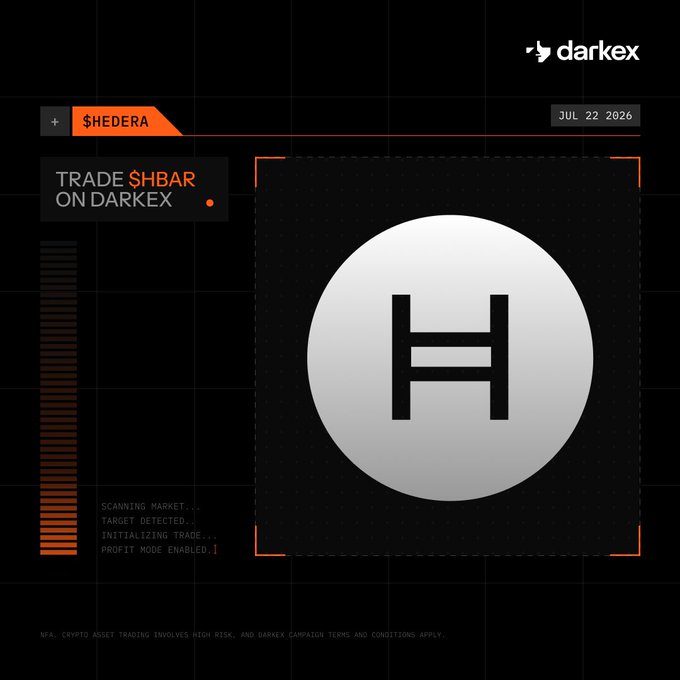A dark-themed promotional graphic for Darkex featuring the Hedera ($HBAR) logo, dated July 22, 2026, with text reading 'Trade $HBAR on Darkex.'