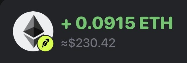 A green "+0.0915 ETH" gain (≈$230.42) next to an Ethereum logo with a green feather icon, illustrating the poster's brag about earning roughly 0.1 ETH overnight after buying 3 more cats and seeing their NFT investments turn profitable.