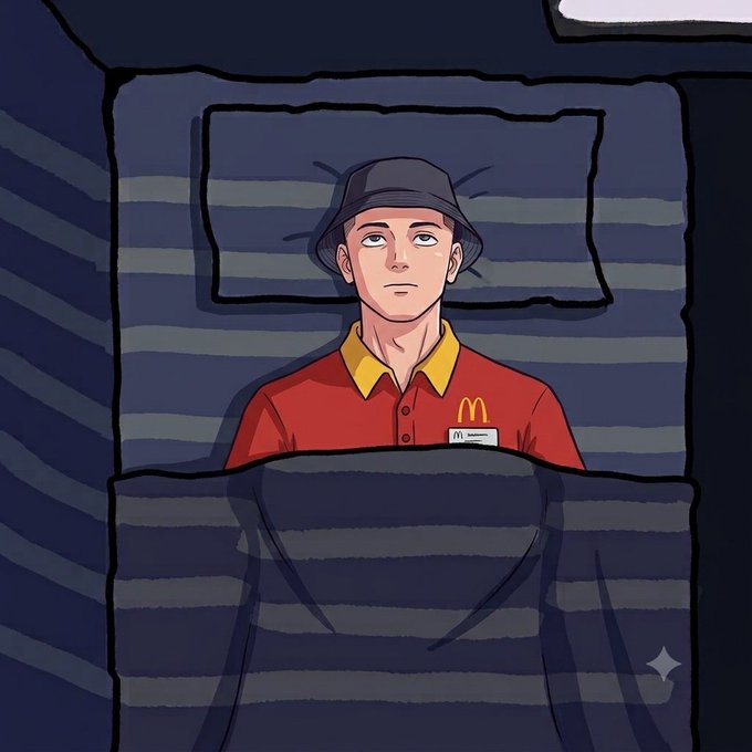 A digital illustration of a young man wearing a red McDonald's uniform shirt with the golden arches logo and a black bucket hat, lying in bed under a striped blue and grey blanket.