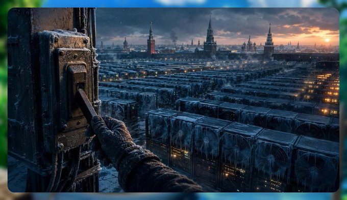 A stylized dystopian artwork depicting a first-person view of a gloved hand operating a heavy switch, overlooking a vast frozen data center or warehouse with a Kremlin-like skyline at sunset.