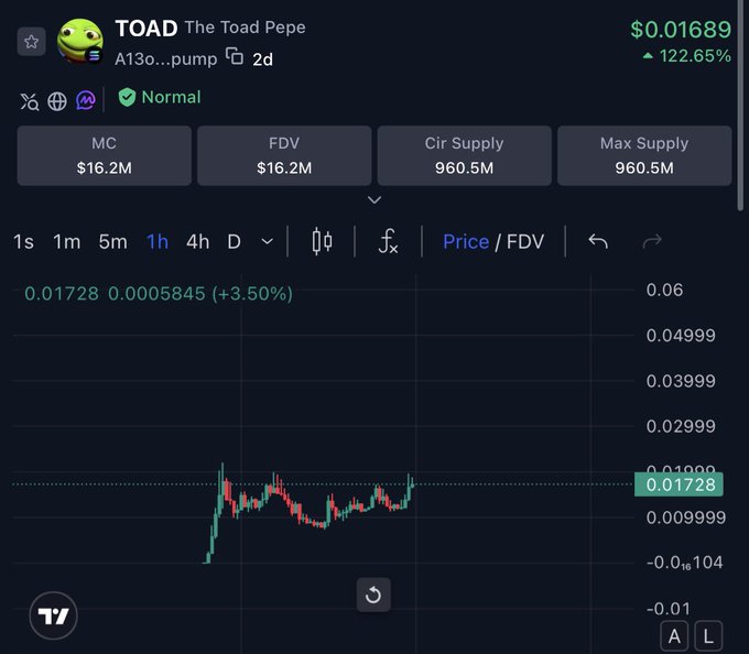 TradingView chart for TOAD (The Toad Pepe) token showing price at $0.01689, up 122.65%, with Market Cap $16.2M and Cir Supply 960.5M.