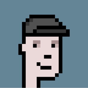 A pixel art portrait of a man wearing a dark hat against a blue background.