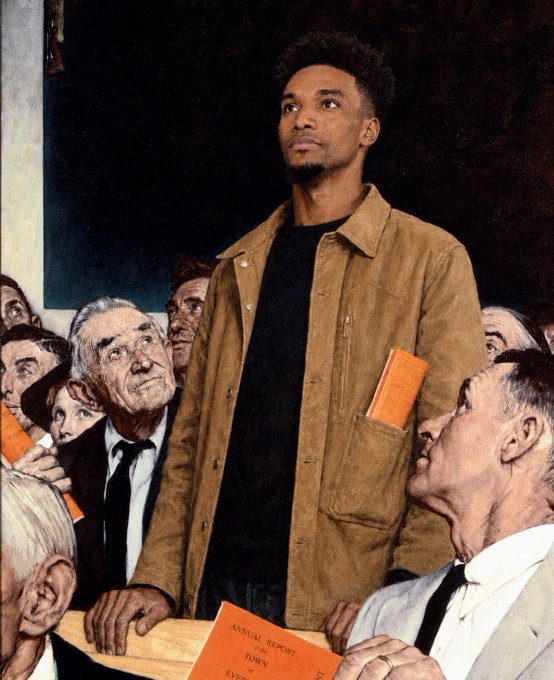 A tall young man in a brown jacket stands out among a crowd of seated, older men holding orange booklets, with visible text reading "ANNUAL REPORT" and "TOWN" on one of them. The image humorously echoes the post's claim about $ANSEM, portraying its holder as towering above skeptical investors, symbolizing the memecoin's potential to surpass expectations and become a billion-dollar phenomenon.