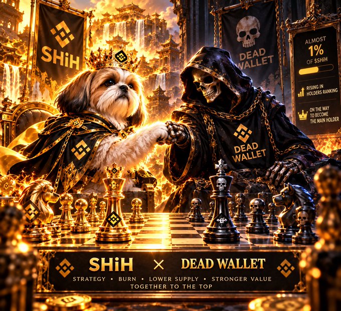 A promotional graphic for "SHiH x DEAD WALLET" featuring a crowned Shih Tzu shaking hands with a grim reaper figure on a chessboard, with text highlighting strategy, burn, lower supply, and stronger value.