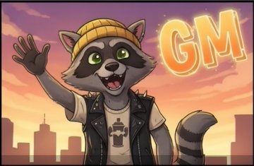 A cartoon raccoon character wearing a yellow beanie and black vest waving alongside the text 'GM' against a sunset cityscape background.