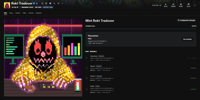 A screenshot of the 'Rekt Tradeoor' NFT project page showing a glowing pixel-art hooded figure and its mint schedule.