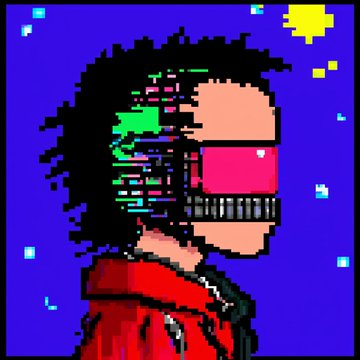 A pixel-art portrait shows a person in a red jacket wearing pink shutter shades against a blue sky with a yellow sun.